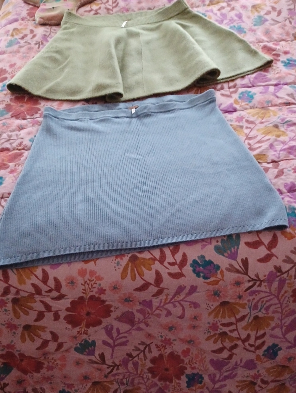 Free People Pastel Green Flared & Pastel Blue Ribbed Mini Skirts